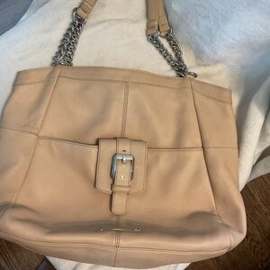 B Makowsky Stylish Beige Women’s Leather Tote Bag with Chain Straps